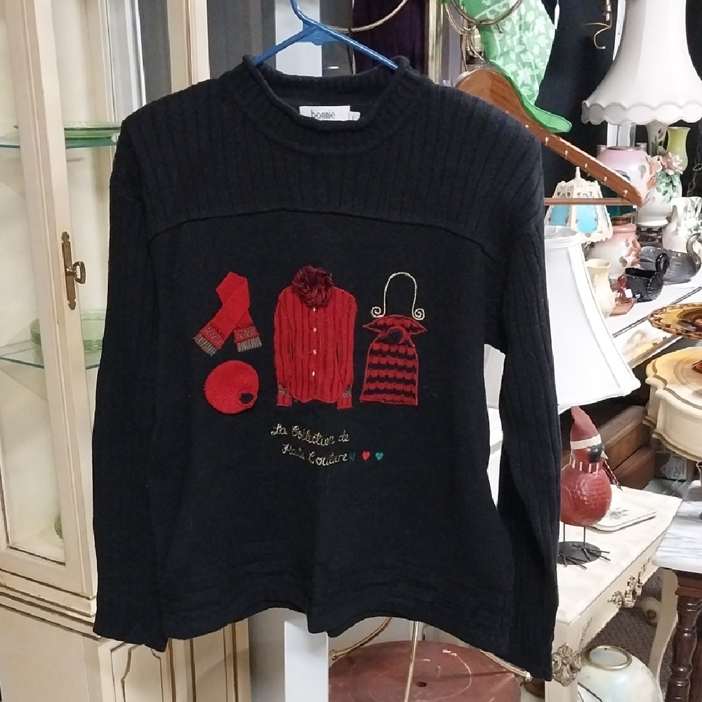 Vintage Bonnie and Bill by Holly Christmas Black Sweater with Red Embroidery